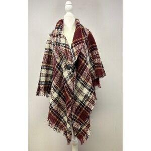 Boho Altare Womens OS Burgundy Plaid Toggle Closure Fringe Hem Poncho Wrap